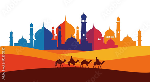 Vibrant Desert Cityscape with Camels and Mosques Illustration.