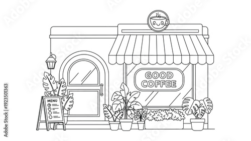 Charming coffee shop exterior with plants and awning