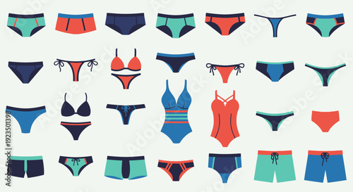 Collection of various swimwear and beachwear for men and women.