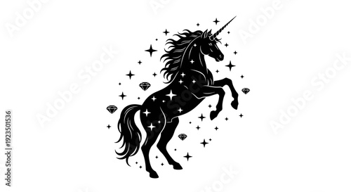 Black silhouette of a unicorn with stars on a white background.
