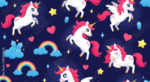 Whimsical Unicorn Pattern with Rainbows and Stars on Dark Blue Background.