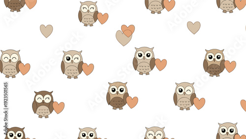 Adorable seamless pattern showcasing charming cartoon owls in various poses, each sweetly holding a heart, scattered across a pristine white background.