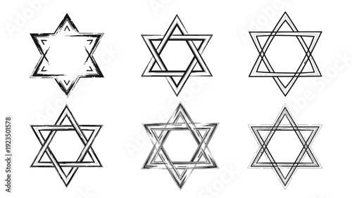 Artistic collection of six distinct Star of David icons, each rendered with a grunge, hand-drawn, and sketchy aesthetic, on a clean white background.