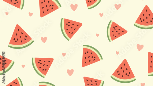 Sweet seamless pattern displaying an appetizing arrangement of fresh watermelon slices and tiny pink hearts, artfully scattered across a light cream background.