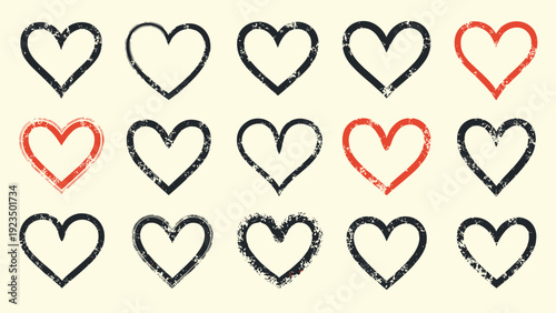 Artistic collection of distressed heart outline icons, rendered with a grunge texture in striking black and red, set against a soft light beige background.