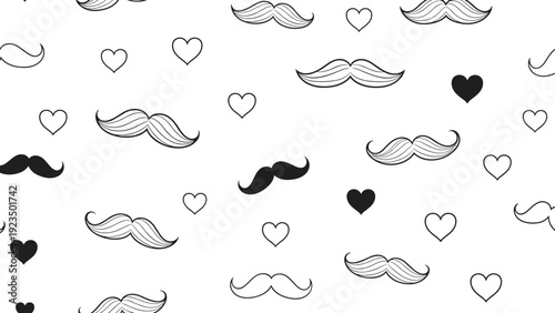 Playful seamless pattern featuring a whimsical assortment of black and outlined mustaches, interspersed with black and outlined hearts, on a clean white background.