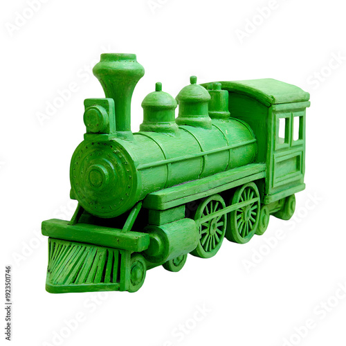 Green wooden toy steam locomotive on white background