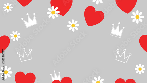 Elegant seamless pattern featuring a delightful scattering of bold red hearts, delicate white crowns, and cheerful white daisies on a soft light grey background.
