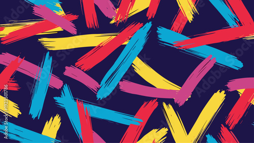 Energetic seamless pattern composed of vibrant, haphazardly scattered brush strokes in a lively palette of yellow, blue, pink, and red, on a dark blue background.