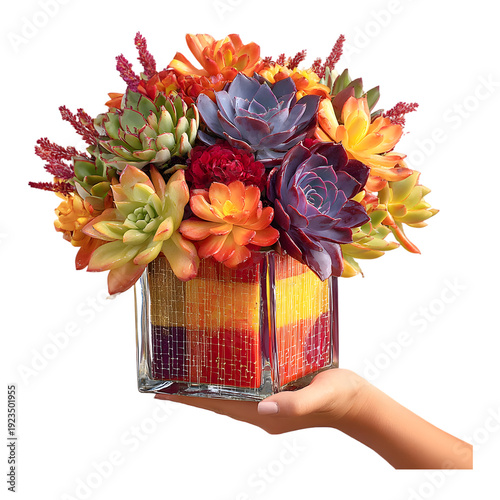 Hand Holding a Colorful Succulent Arrangement in a Glass Vase