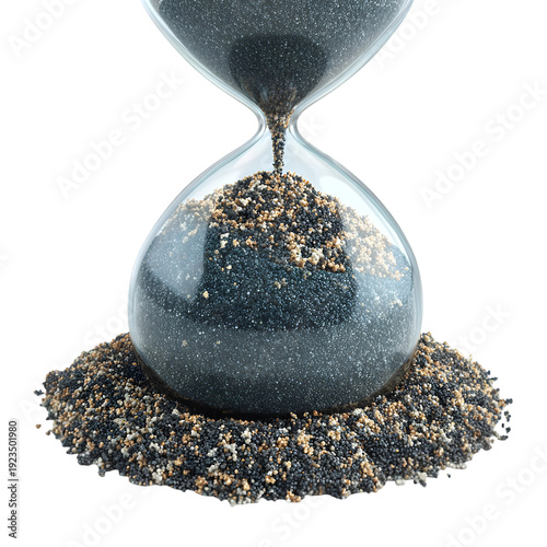 Hourglass with dark sand spilling onto white background