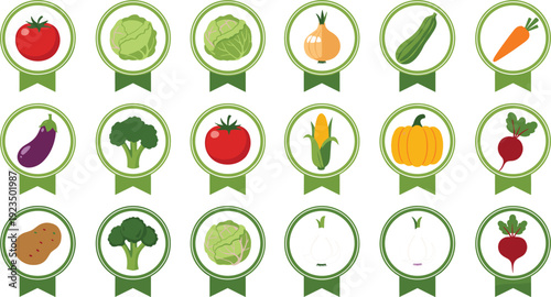 Green Ribbon Organic Vegetable Badge Icons Set – Healthy Food Vector Collection