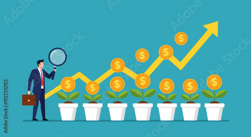 Businessman analyzing financial growth represented by coins in pots.
