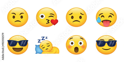 Expressive Yellow Emoji Faces Icon Set with Angry, Winking Kiss, Sad, Crying, Sleeping, Cool Sunglasses, Surprised Emotions for Chat Apps, Social Media, and Digital Designs