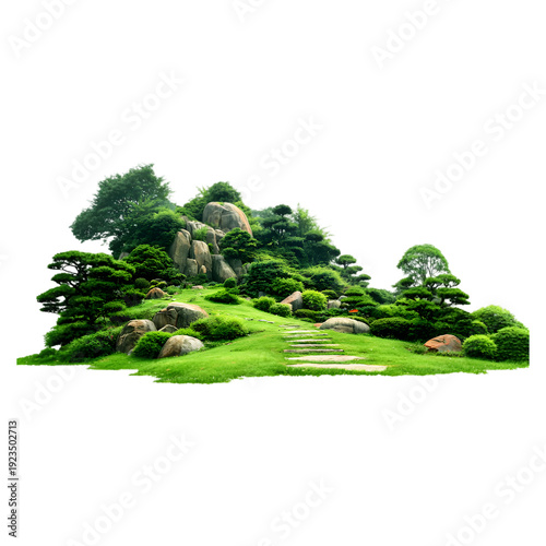 Lush Green Hillside with Stone Path and Rocks Keywords: garden, landscape, hill, hillside, green