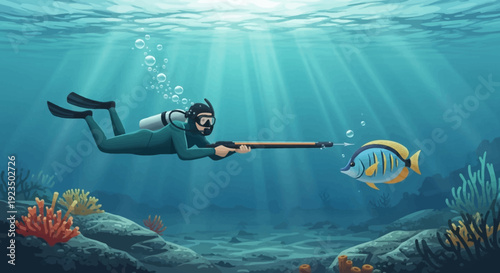 Scuba diver underwater exploring coral reef with fish.