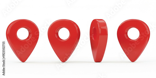 Red 3D Map Pin Location Marker Icon Set with Front Side View, Side Profile, and Rotated Angles for GPS Navigation, Travel Apps, Website Maps, Geolocation Pins, and Digital Design Elements