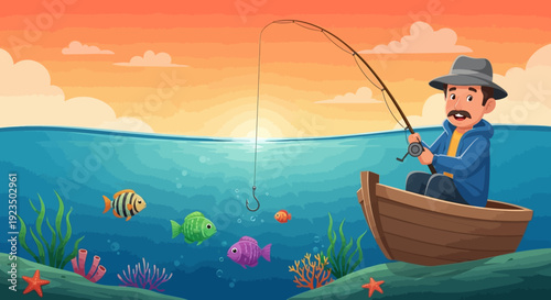 Man fishing in a boat surrounded by colorful fish at sunset.