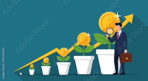 Businessman inspecting growing money plant with increasing financial graph.