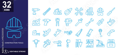 Construction tools blue icon set