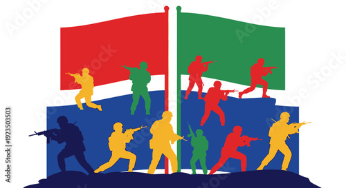 Silhouettes of soldiers raising flags in a patriotic illustration.
