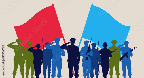 Silhouettes of soldiers saluting with red and blue flags.