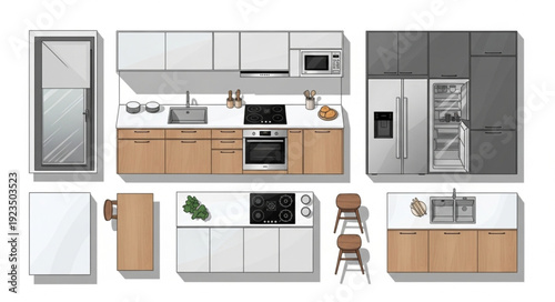 Modern kitchen design with various cabinets, appliances, and a window, showcasing interior elements.
