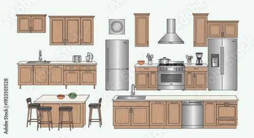 Modern kitchen design featuring cabinets, appliances, and a central island for cooking and dining.