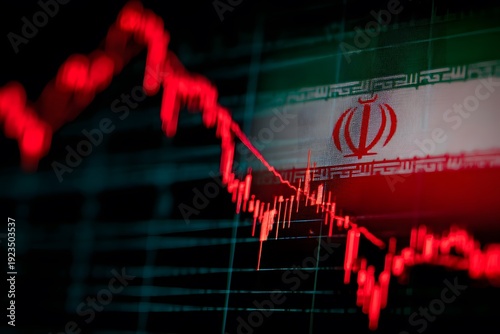 Dramatic red stock market candlestick chart overlaid with Iran flag indicating financial downturn and economic crisis on dark background