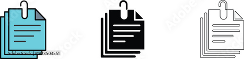 Three stacked sheets clipped with a waperclip, stacked documents secured with a paperclip vector Illustration.