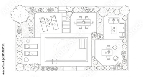 Detailed outdoor landscape design with furniture and plants, a beautiful garden plan.