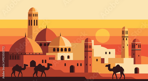 Desert Cityscape with Camels at Sunset in Middle Eastern Architecture.