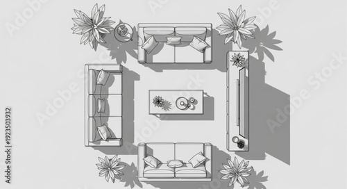 Top-down view of a living room with furniture arrangement and floral decorations.