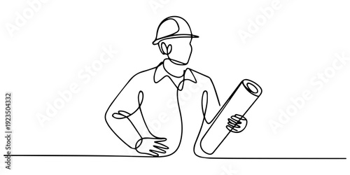 Continuous one line drawing of architect engineer reading blueprint.one line vector illustration with out background, Continuous line drawing of male construction worker with hard hat and apron. style