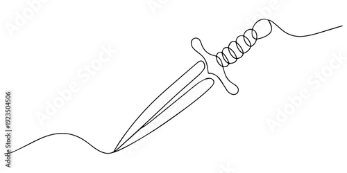 dagger continuous one line drawing, Single continuous line drawing sword icon, metal sword, European straight swords, Asia sword, Minimalist continuous line art dagger illustration is centrally positi