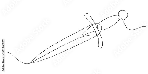dagger continuous one line drawing, Single continuous line drawing sword icon, metal sword, European straight swords, Asia sword, Minimalist continuous line art dagger illustration is centrally positi