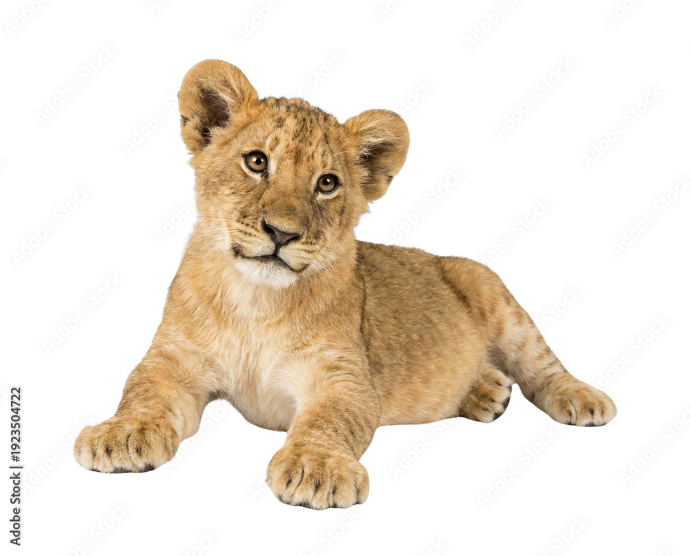 Obraz premium Cute lion cub lying down on a white background, looking directly at the camera with a slight head tilt
