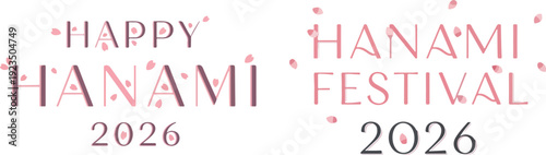 Happy Hanami Festival 2026 Lettering Set with Cherry Blossom Petals and Pink Floral Typography for Japanese Spring Celebration