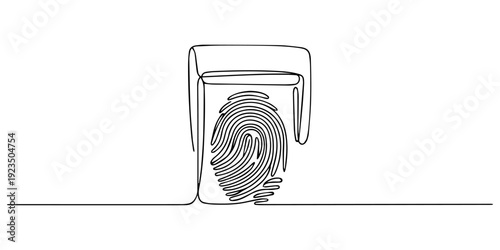 Fingerprint scanner continuous one line drawing, Fingerprint, scanned finger, cryptographic signature, identity one line icon. Single continuous black line drawing of a fingerprint inside a scanner.