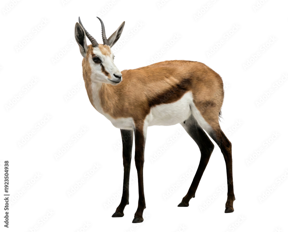 Obraz premium Springbok antelope with brown, white, and black fur, standing on a white background, side view