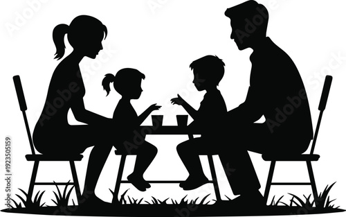 Family meeting around table with parents and kids