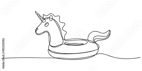 Inflatable unicorn pool float continuous one line drawing, Unicorn swimming ring, continuous line art design isolated. Inflatable life buoy on water pool. Summer vacation beach party concept. Vector.