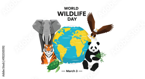 Illustration of various animals including a panda, tiger, elephant, and bird around a globe on World Wildlife Day