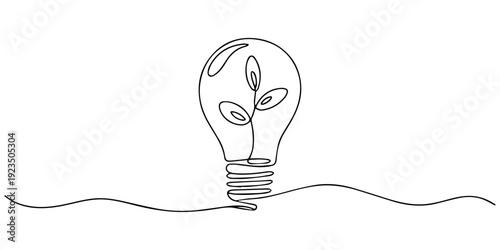 Light bulb with green plant continuous one line drawing, Single line art illustration depicting a light bulb containing a growing plant inside, Plant inside Lightbulb in one line drawing. Creative pro