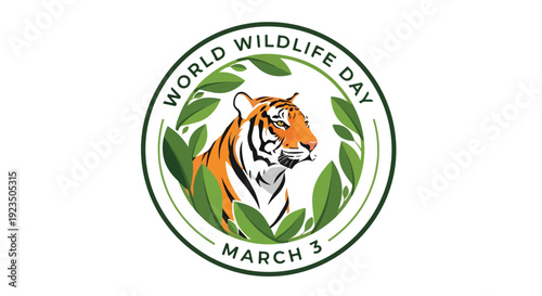 Illustration of a tiger's head surrounded by green leaves on World Wildlife Day March 3