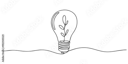 Light bulb with green plant continuous one line drawing, Single line art illustration depicting a light bulb containing a growing plant inside, Plant inside Lightbulb in one line drawing. Creative pro
