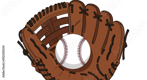 Cartoon illustration of a baseball resting perfectly inside a brown leather glove