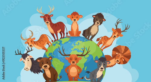 A colorful illustration of various animals from around the world standing on and around a globe, celebrating World Wildlife Day with a vibrant and lively composition against a blue