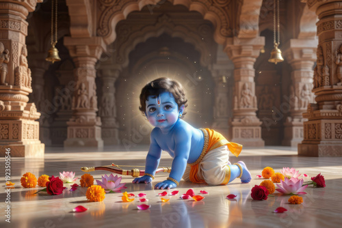 Baby Krishna Crawling in Temple with Flowers and Bow image (146