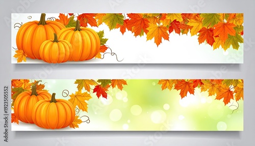 Fall banners pumpkins, autumn leaves, bright, simple